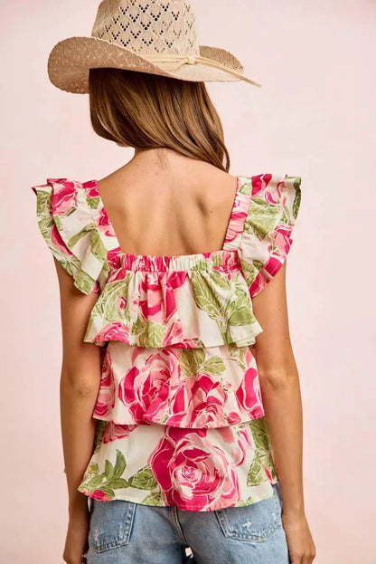 BiBi Floral Print Woven Bow Tie Ruffle Square Neck Top by Trendsi