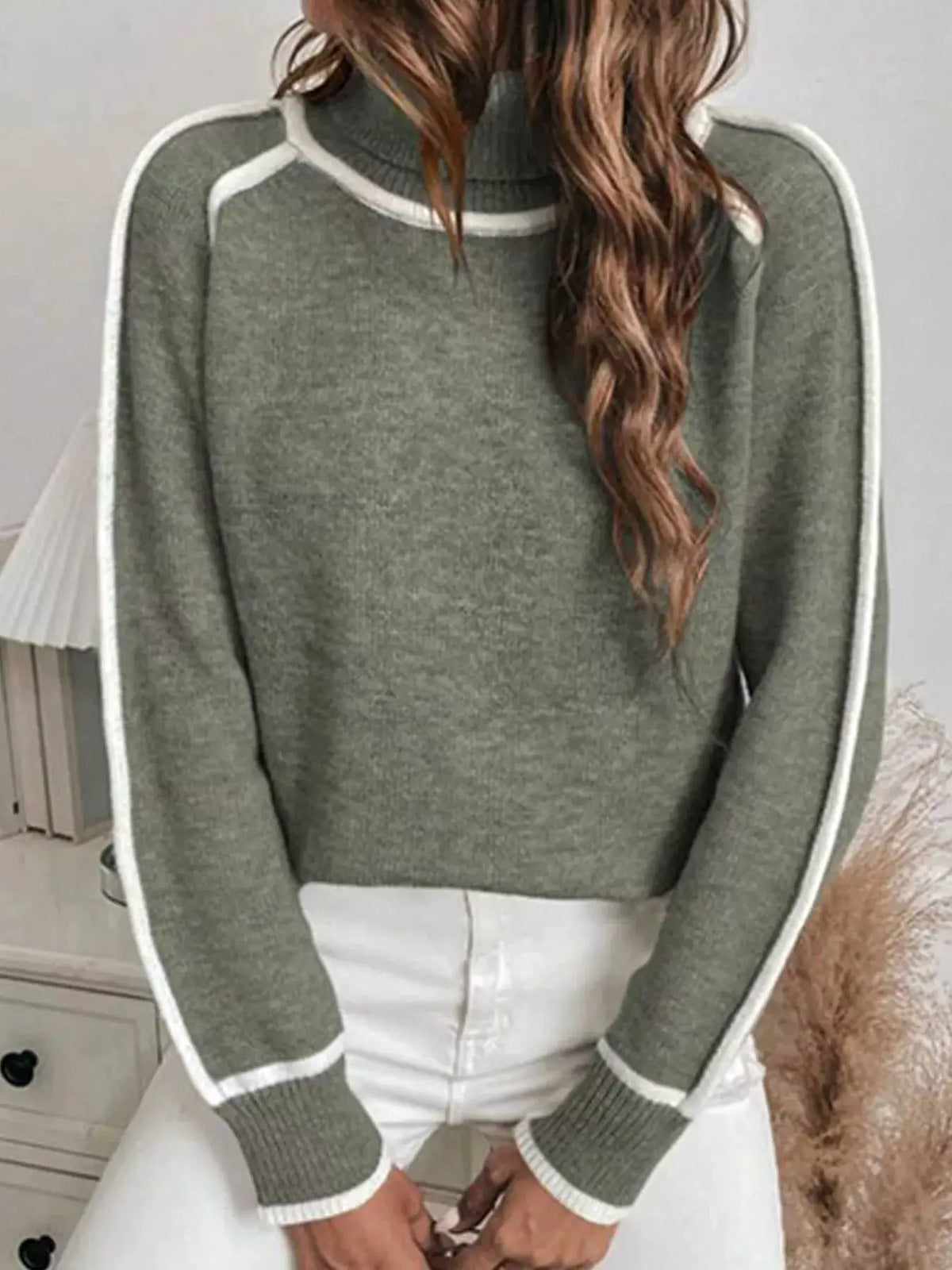 Full Size Contrast Trim Ribbed Hem Turtleneck Sweater Plus Size by Trendsi