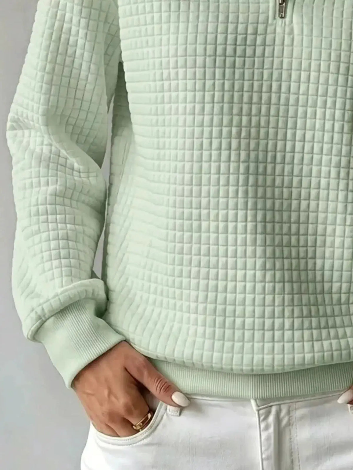 Waffle Knit Quarter-Zip Sweatshirt by Trendsi