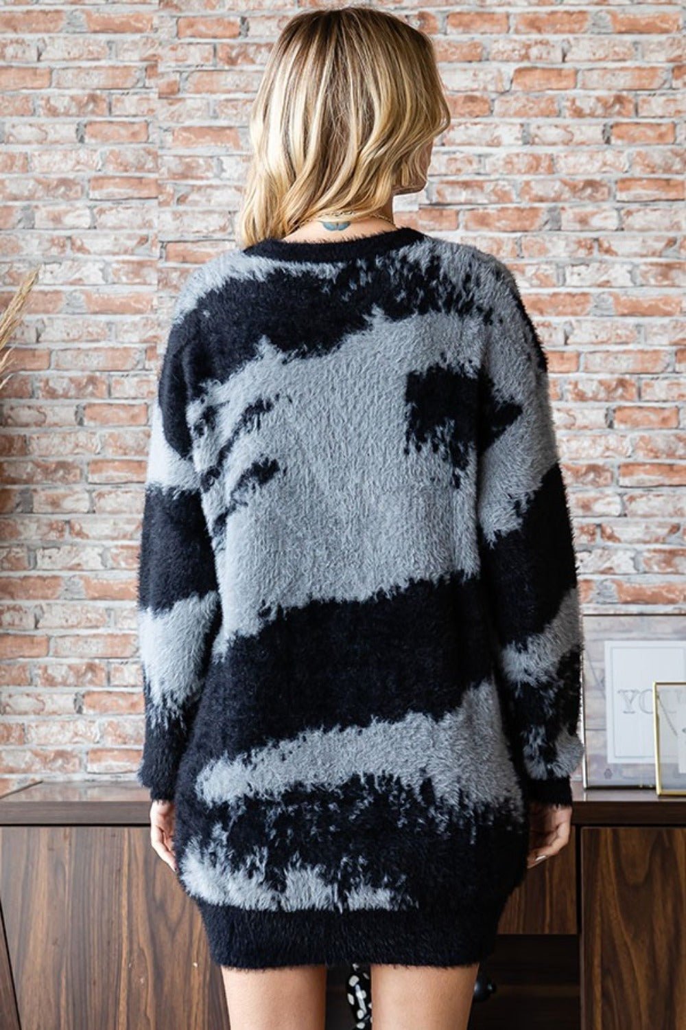 First Love Full Size Abstract Pattern Contrast Feather Yarn Sweater - Bitsy Gypsy Boutique