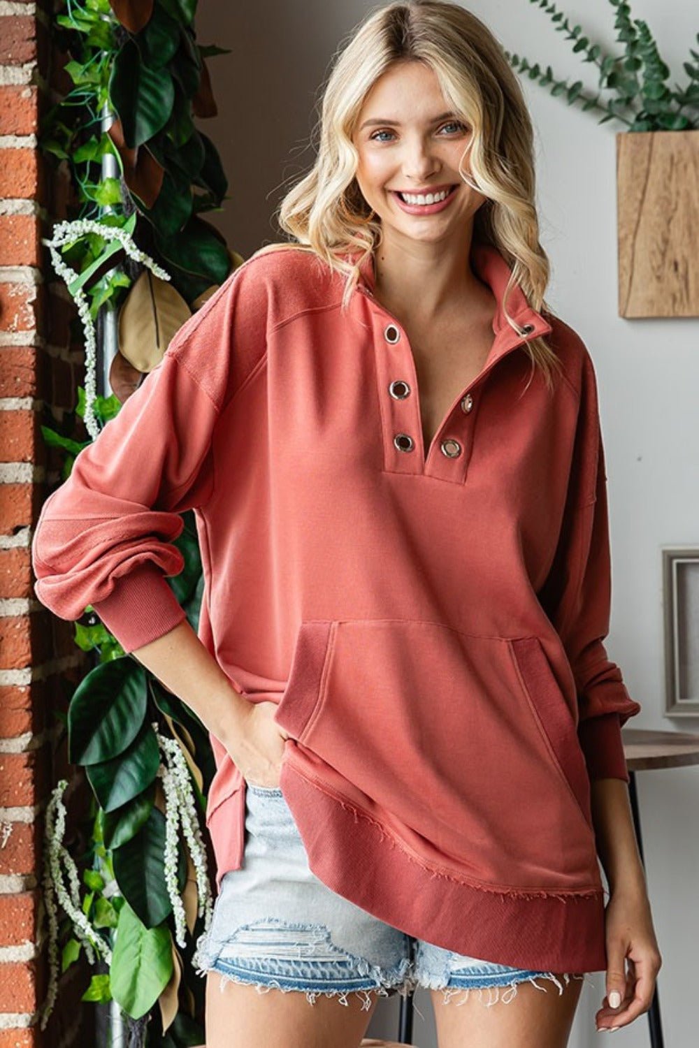 First Love Grommet Split Neck Kangaroo Pocket Sweatshirt - Bitsy Gypsy Boutique