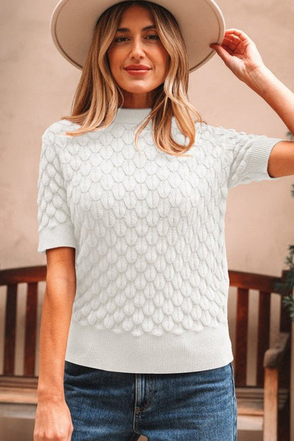 Fish Scale Textured Knit Short Sleeve Sweater - Bitsy Gypsy Boutique