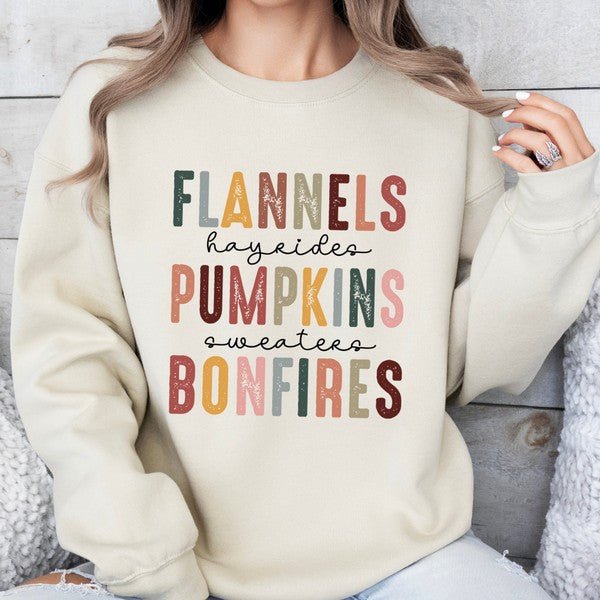 Flannels pumpkins bonfires women's fall sweatshirt - Bitsy Gypsy Boutique