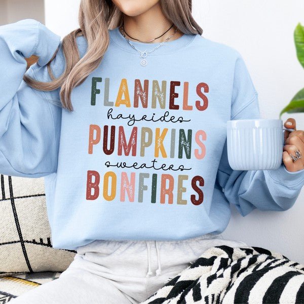 Flannels pumpkins bonfires women's fall sweatshirt - Bitsy Gypsy Boutique