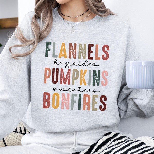 Flannels pumpkins bonfires women's fall sweatshirt - Bitsy Gypsy Boutique
