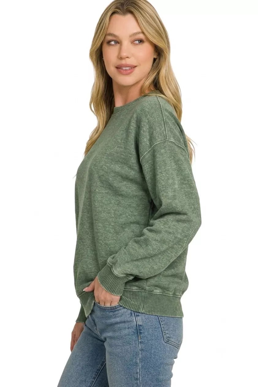 Fleece Acid Enzyme Washed Round Neck Sweatshirts - Bitsy Gypsy Boutique