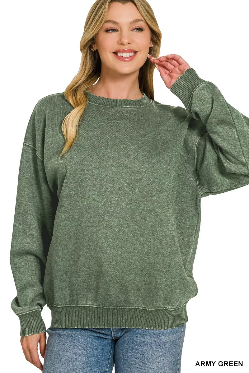 Fleece Acid Enzyme Washed Round Neck Sweatshirts - Bitsy Gypsy Boutique