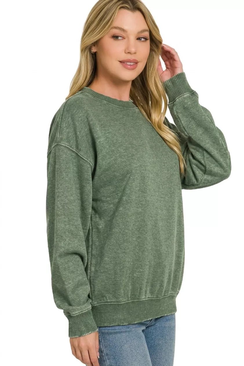 Fleece Acid Enzyme Washed Round Neck Sweatshirts - Bitsy Gypsy Boutique