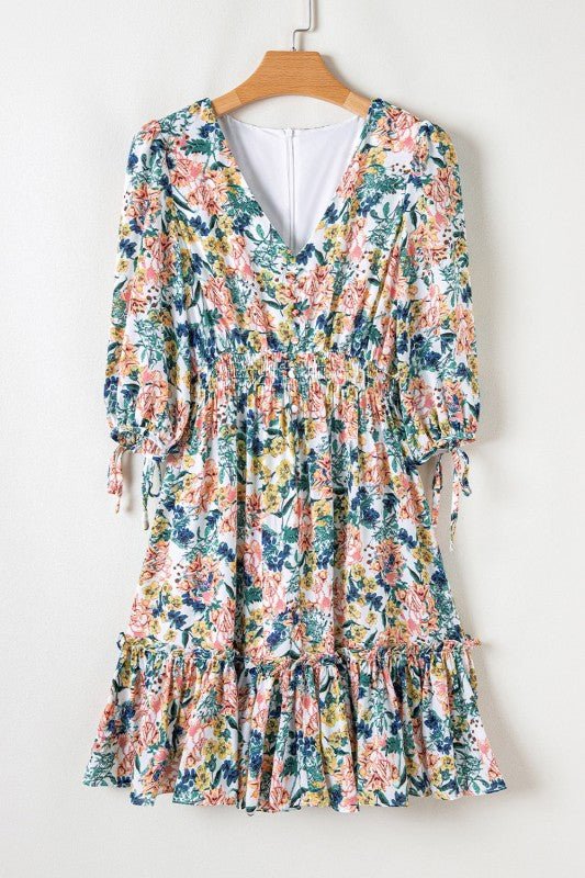 Floral 3/4 Sleeve V - Neck High Waist Ruffle Dress - Bitsy Gypsy Boutique