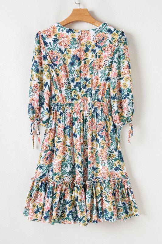 Floral 3/4 Sleeve V - Neck High Waist Ruffle Dress - Bitsy Gypsy Boutique