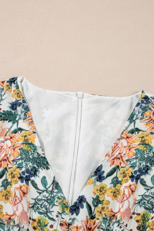 Floral 3/4 Sleeve V - Neck High Waist Ruffle Dress - Bitsy Gypsy Boutique