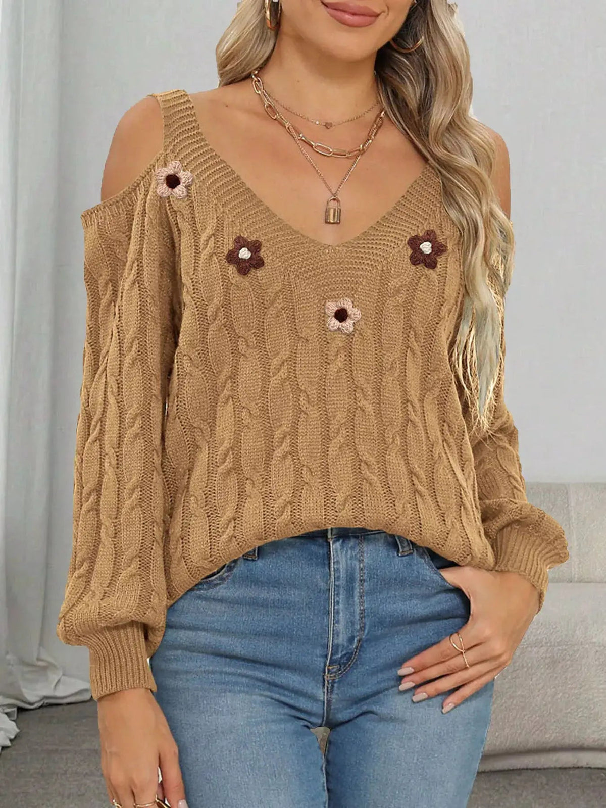 Floral Applique Cold Shoulder Cable Knit Sweater - Bitsy Gypsy Boutique