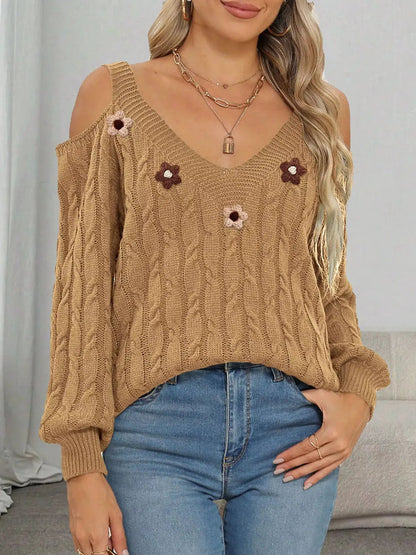 Floral Applique Cold Shoulder Cable Knit Sweater - Bitsy Gypsy Boutique