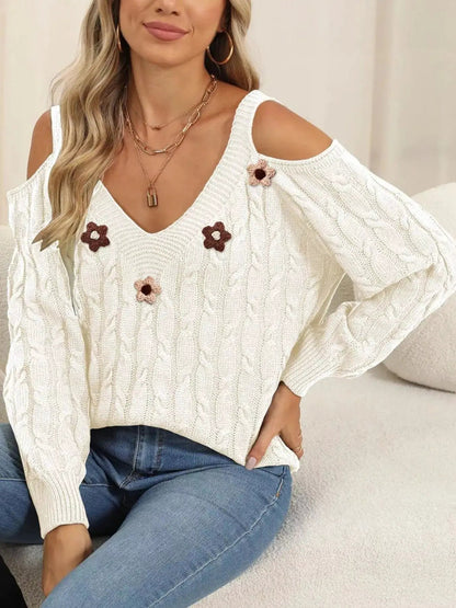 Floral Applique Cold Shoulder Cable Knit Sweater - Bitsy Gypsy Boutique