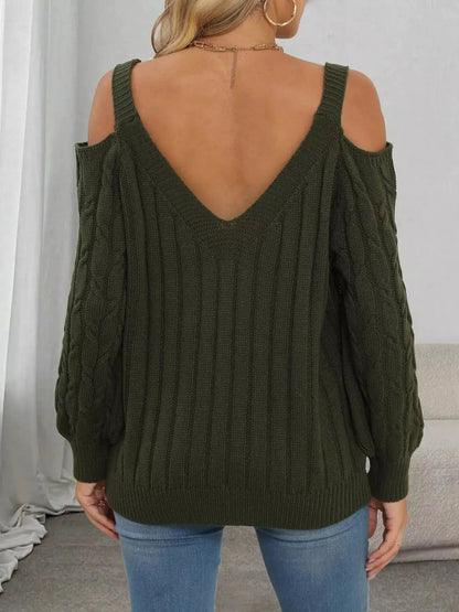 Floral Applique Cold Shoulder Cable Knit Sweater - Bitsy Gypsy Boutique