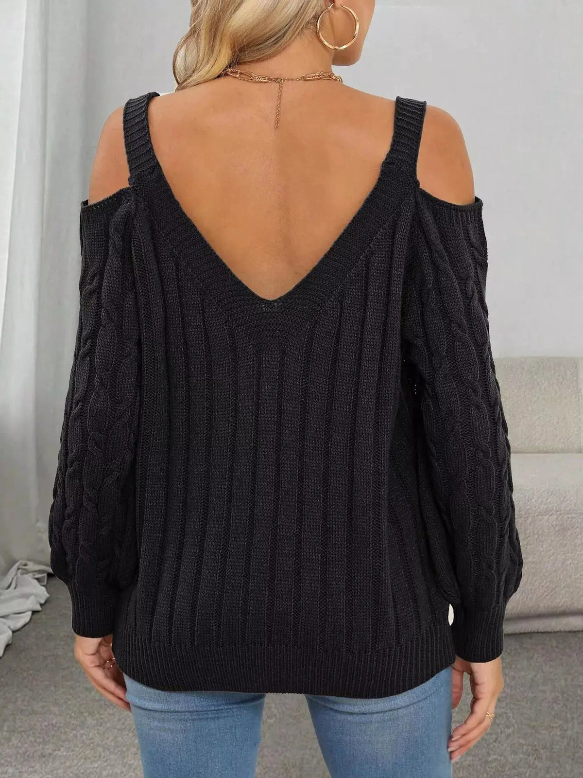 Floral Applique Cold Shoulder Cable Knit Sweater - Bitsy Gypsy Boutique