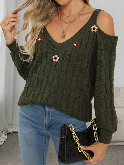 Floral Applique Cold Shoulder Cable Knit Sweater - Bitsy Gypsy Boutique