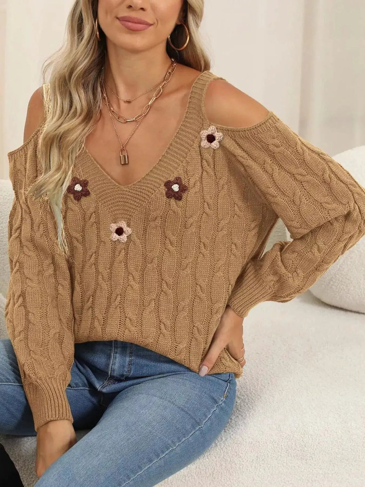 Floral Applique Cold Shoulder Cable Knit Sweater - Bitsy Gypsy Boutique