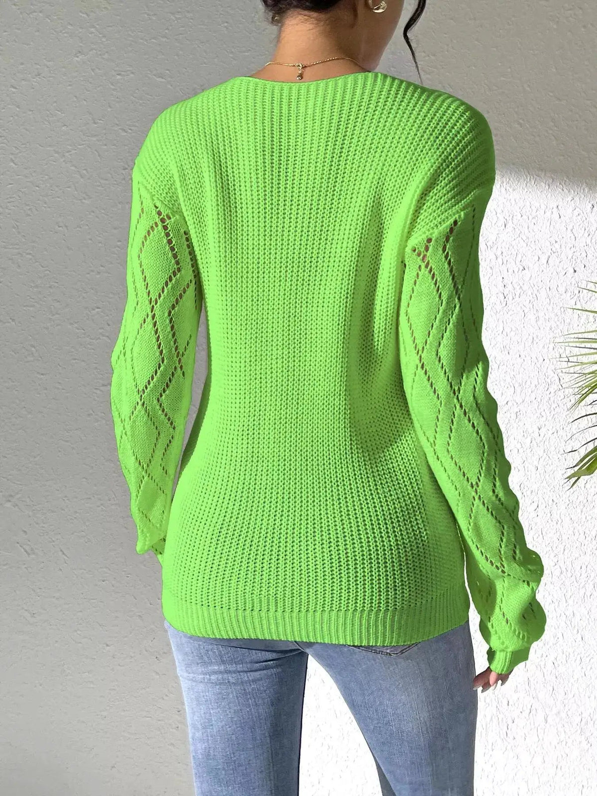 Floral Applique V-Neck Openwork Sweater - Bitsy Gypsy Boutique