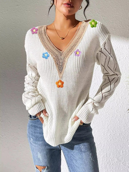 Floral Applique V-Neck Openwork Sweater - Bitsy Gypsy Boutique