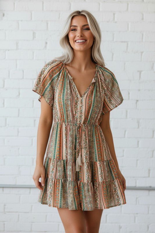 Floral Boho Buttoned V - Neck Ruffle Tiered Dress - Bitsy Gypsy Boutique