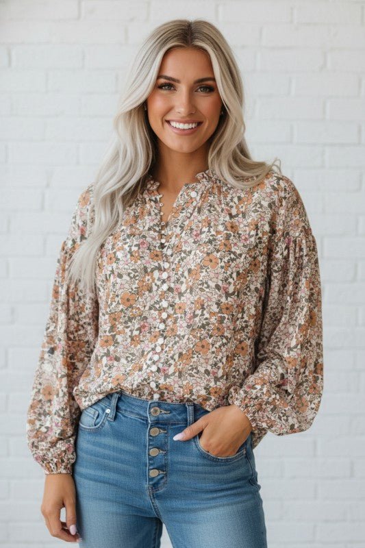 Floral Boho Long Puff Sleeve Buttoned Shirt - Bitsy Gypsy Boutique