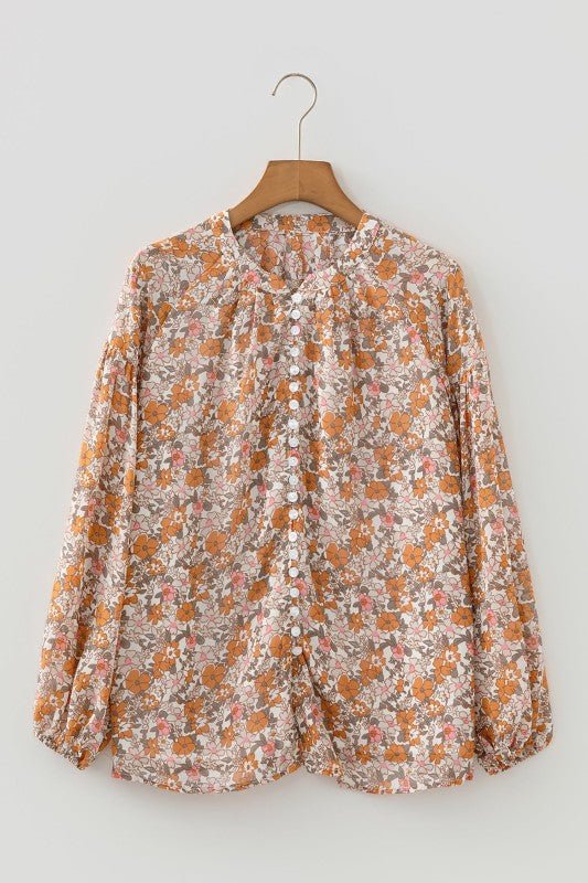 Floral Boho Long Puff Sleeve Buttoned Shirt - Bitsy Gypsy Boutique