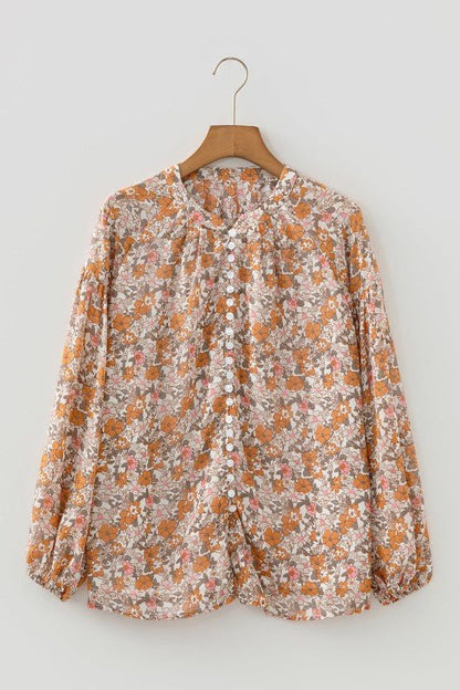 Floral Boho Long Puff Sleeve Buttoned Shirt - Bitsy Gypsy Boutique