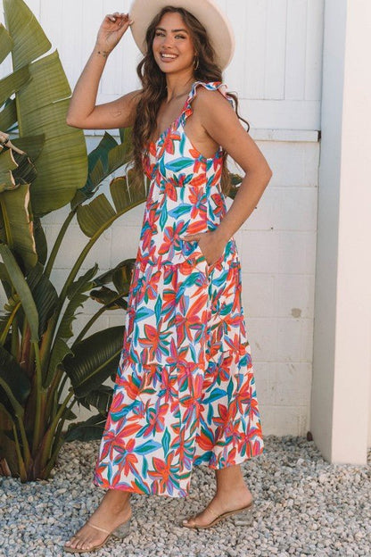 Floral Boho Ruffle Strap V - Neck Maxi Dress - Bitsy Gypsy Boutique