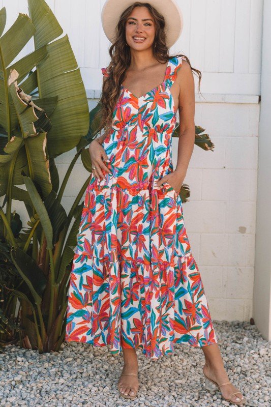 Floral Boho Ruffle Strap V - Neck Maxi Dress - Bitsy Gypsy Boutique