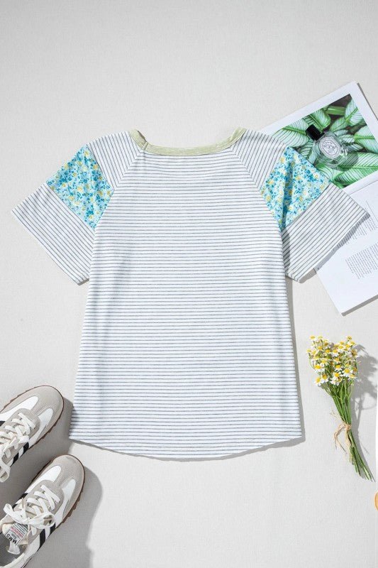 Floral Contrast Stripe Patchwork Raglan Sleeve Tee - Bitsy Gypsy Boutique