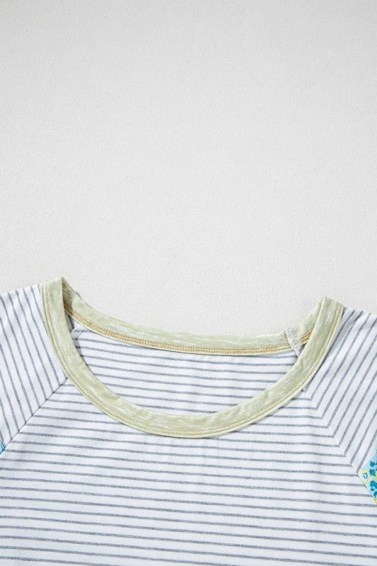 Floral Contrast Stripe Patchwork Raglan Sleeve Tee - Bitsy Gypsy Boutique