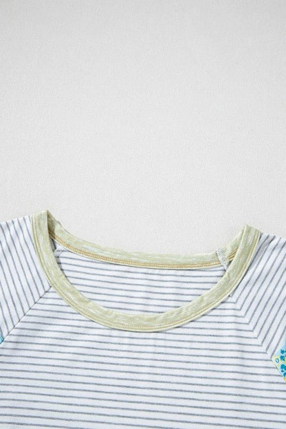 Floral Contrast Stripe Patchwork Raglan Sleeve Tee - Bitsy Gypsy Boutique