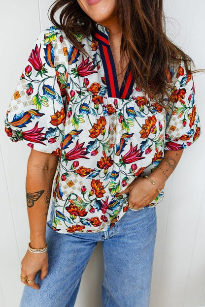Floral Contrast V - Neck Puff Sleeve Blouse - Bitsy Gypsy Boutique
