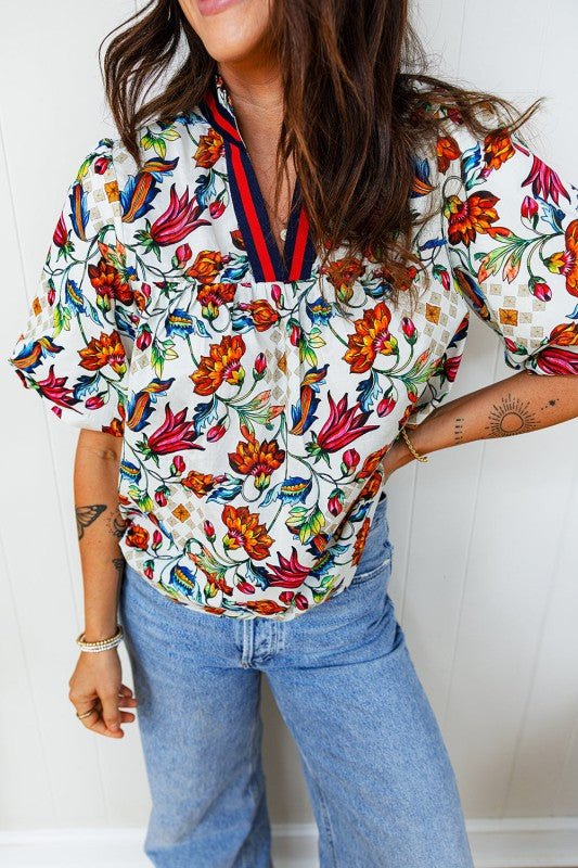 Floral Contrast V - Neck Puff Sleeve Blouse - Bitsy Gypsy Boutique