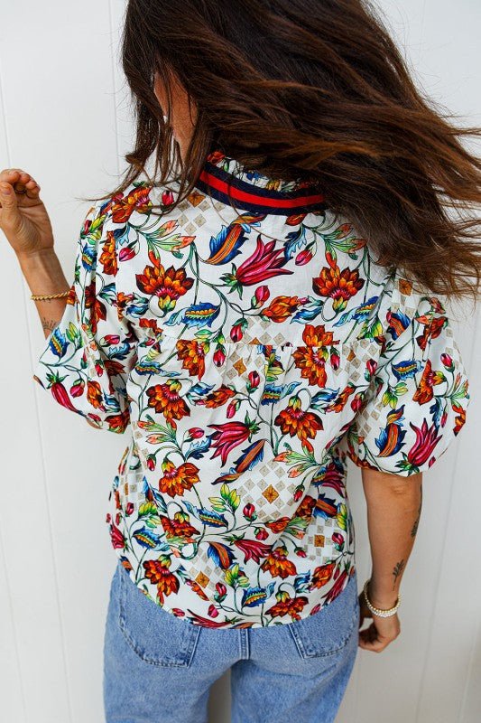 Floral Contrast V - Neck Puff Sleeve Blouse - Bitsy Gypsy Boutique