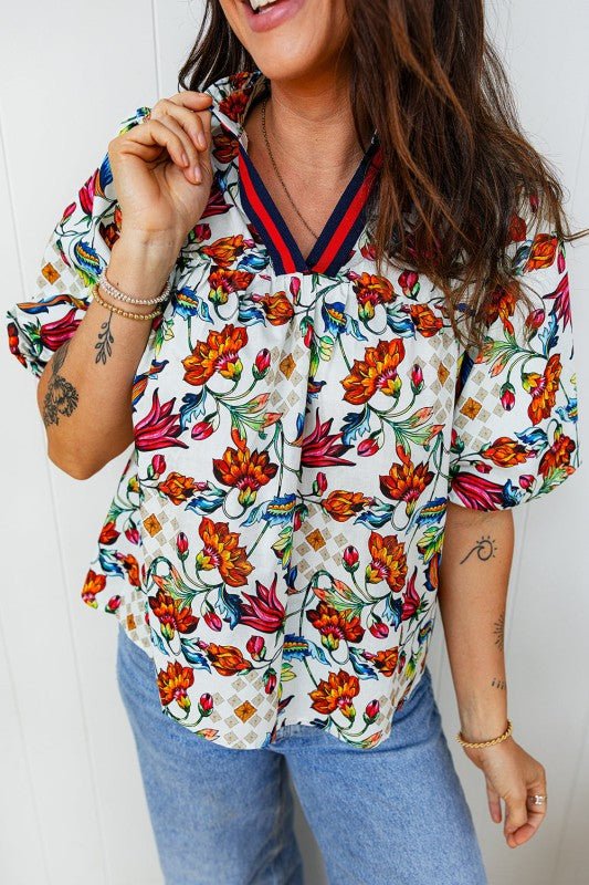 Floral Contrast V - Neck Puff Sleeve Blouse - Bitsy Gypsy Boutique
