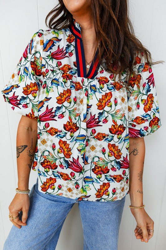 Floral Contrast V - Neck Puff Sleeve Blouse - Bitsy Gypsy Boutique