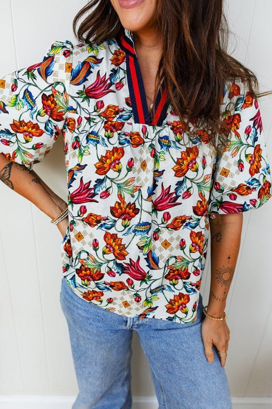 Floral Contrast V - Neck Puff Sleeve Blouse - Bitsy Gypsy Boutique