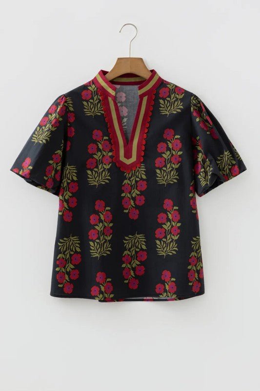 Floral Contrast V - Neck Short Bubble Sleeve Blouse - Bitsy Gypsy Boutique