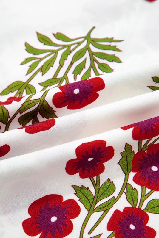 Floral Contrast V - Neck Short Bubble Sleeve Blouse - Bitsy Gypsy Boutique