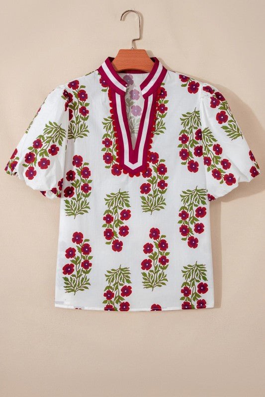 Floral Contrast V - Neck Short Bubble Sleeve Blouse - Bitsy Gypsy Boutique