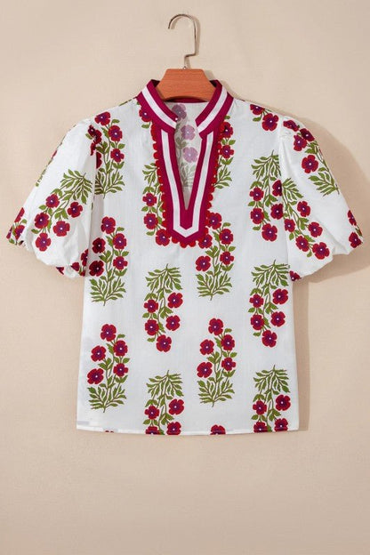 Floral Contrast V - Neck Short Bubble Sleeve Blouse - Bitsy Gypsy Boutique