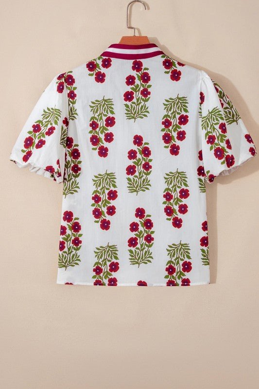 Floral Contrast V - Neck Short Bubble Sleeve Blouse - Bitsy Gypsy Boutique