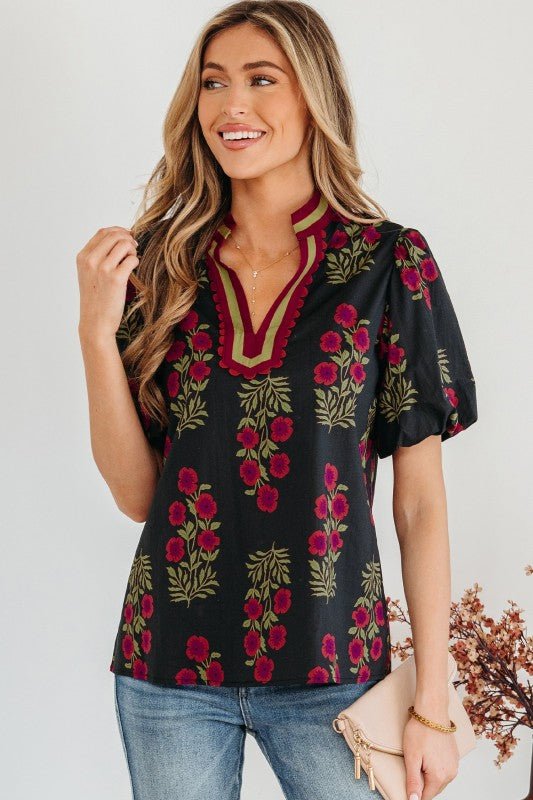 Floral Contrast V - Neck Short Bubble Sleeve Blouse - Bitsy Gypsy Boutique