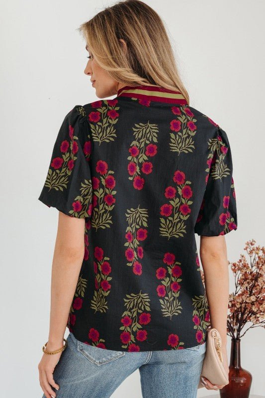Floral Contrast V - Neck Short Bubble Sleeve Blouse - Bitsy Gypsy Boutique