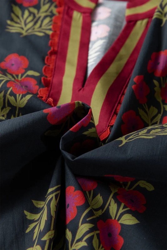 Floral Contrast V - Neck Short Bubble Sleeve Blouse - Bitsy Gypsy Boutique