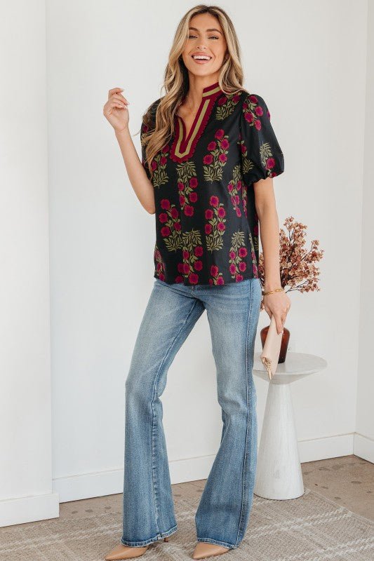 Floral Contrast V - Neck Short Bubble Sleeve Blouse - Bitsy Gypsy Boutique