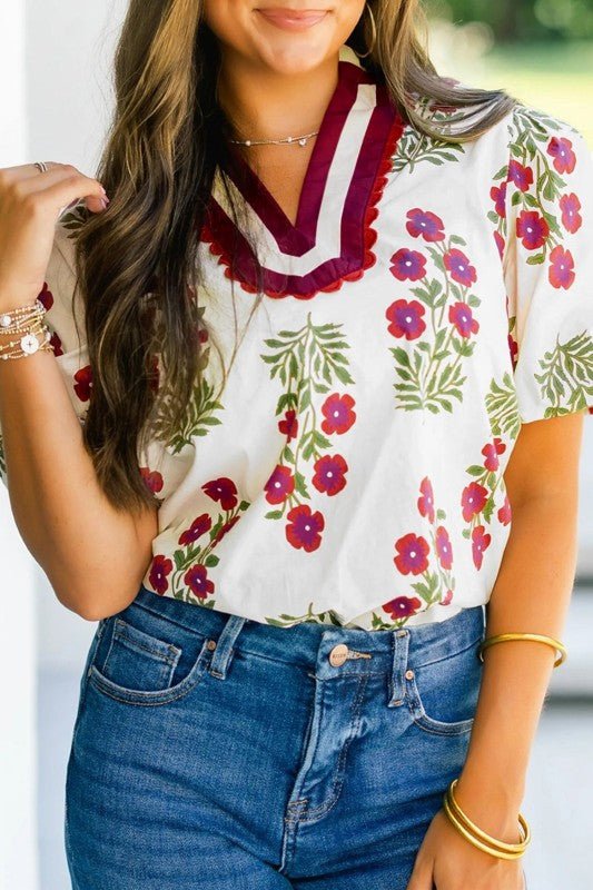 Floral Contrast V - Neck Short Bubble Sleeve Blouse - Bitsy Gypsy Boutique