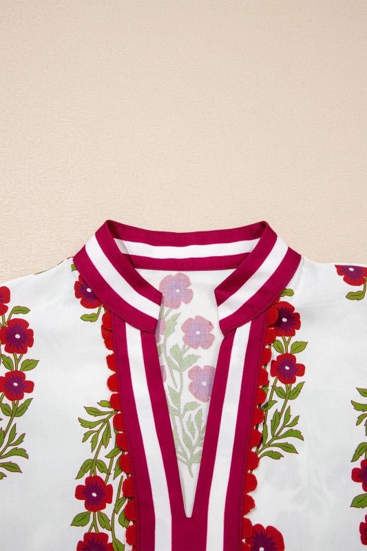 Floral Contrast V - Neck Short Bubble Sleeve Blouse - Bitsy Gypsy Boutique